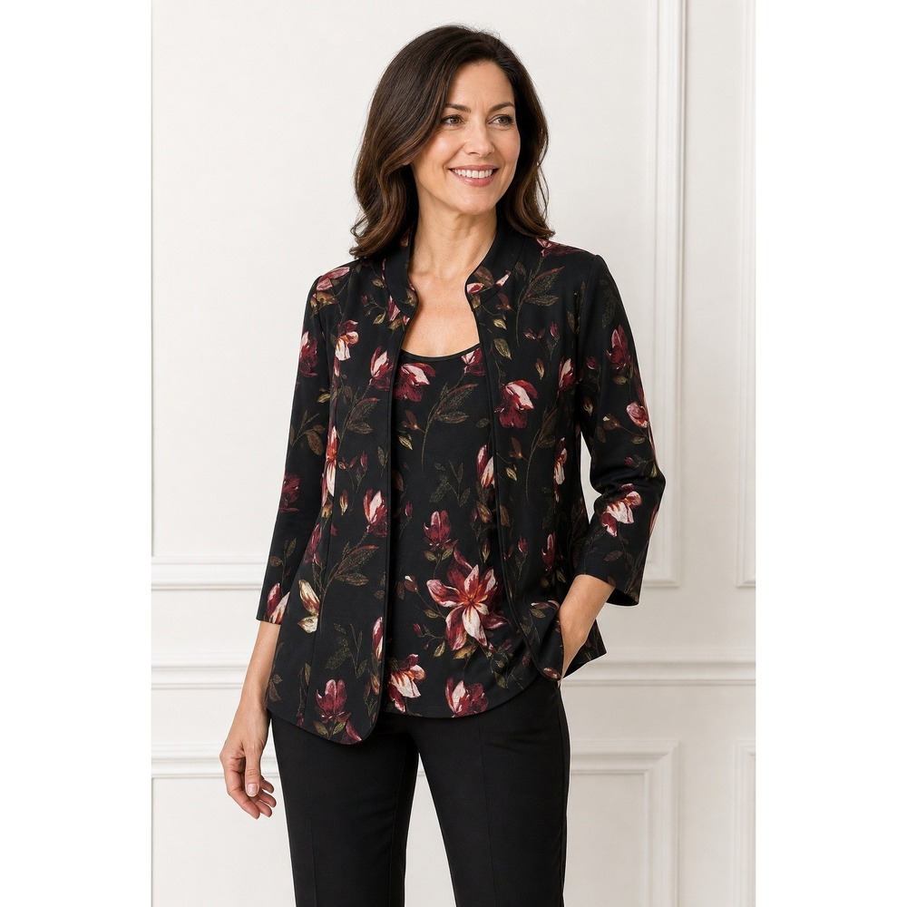Joseph Ribkoff Blazer Tank Top Set Women 10 Black Floral 2 Piece Open Front NWT